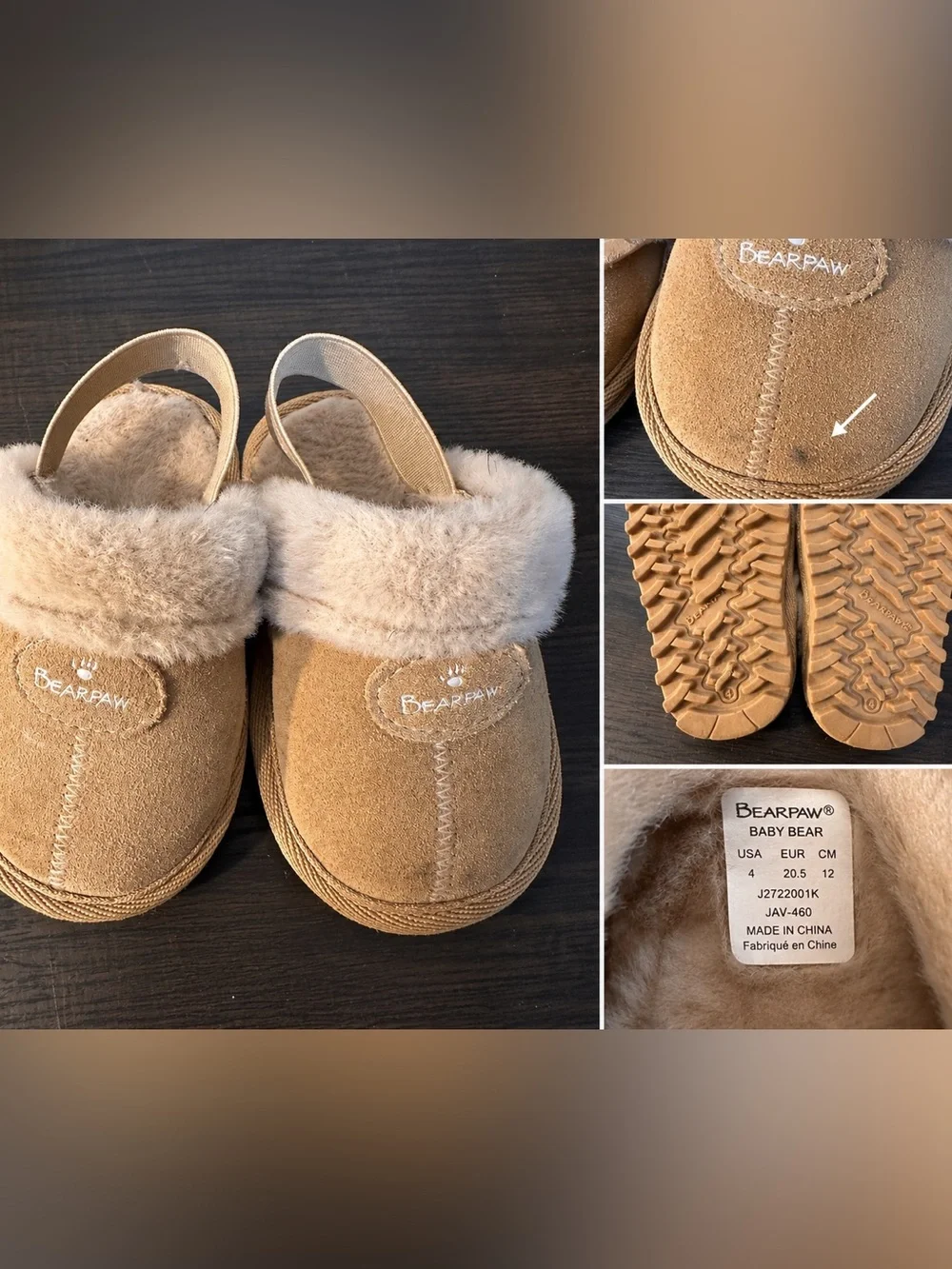 BearPaw Kids Tan Suede Slip-On Clog Slippers with Plush Fur Collar